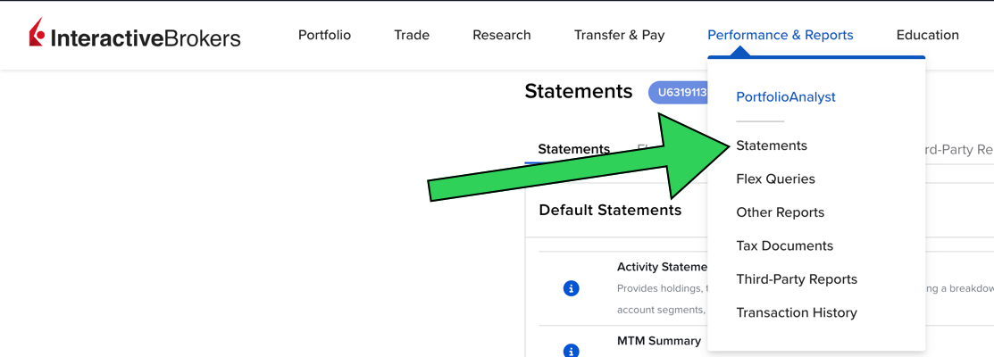 IBKR menu: Performance & Reports then Statements