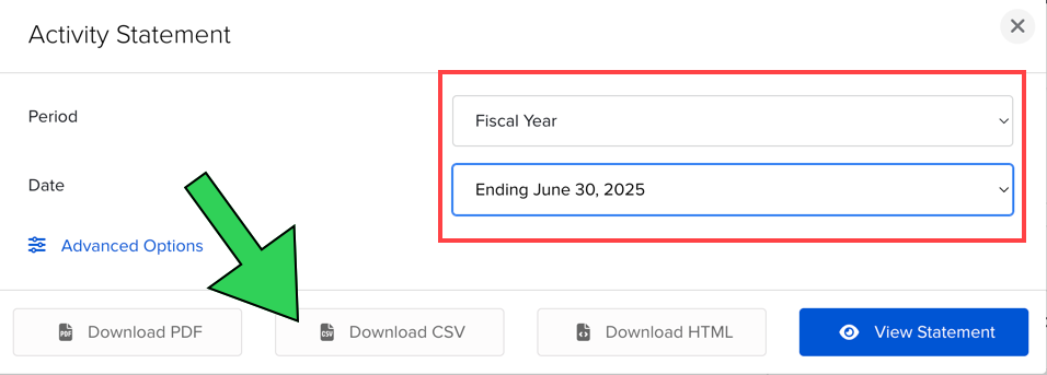 Activity Statement: Period Fiscal Year, Download CSV