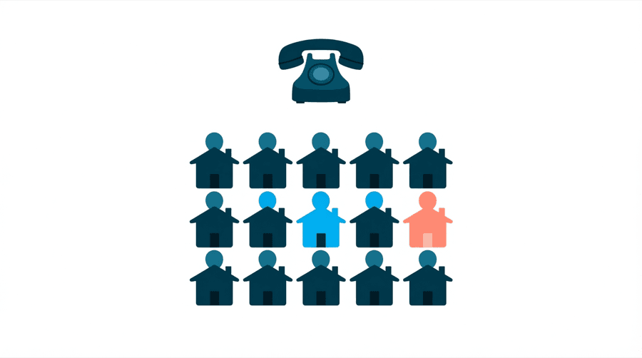 Illustration: a grid of small identical house shapes with a telephone handset drawn above each one