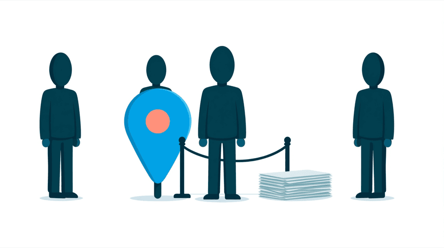 Illustration: a large map pin standing beside a small stack of paper sheets, with a rope separating the two