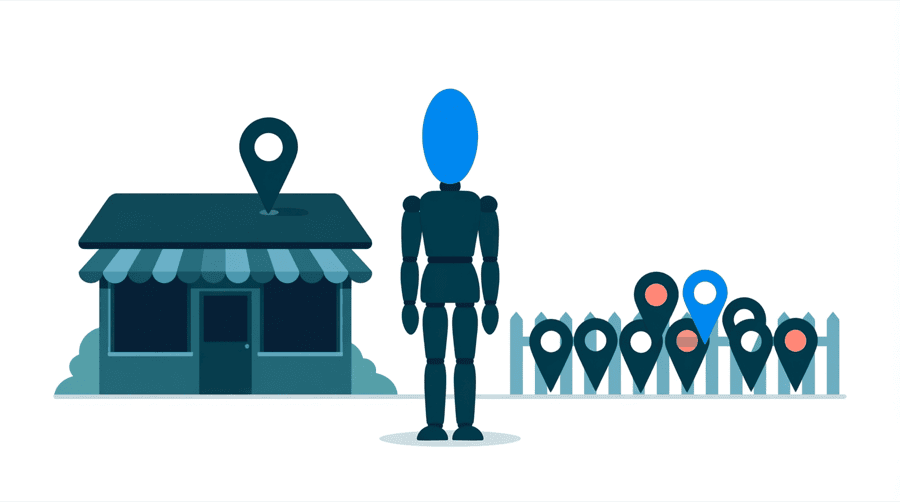 Illustration: one shopfront with a single map pin above it while a crowd of extra pins sits blocked behind a barrier