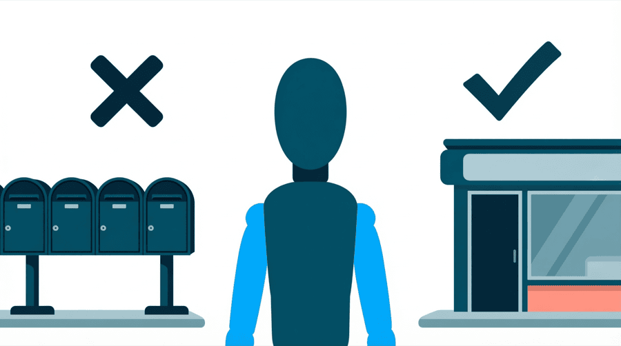 Illustration: a bank of small closed mailboxes under a large cross mark beside a small shopfront with an open door under a large tick mark