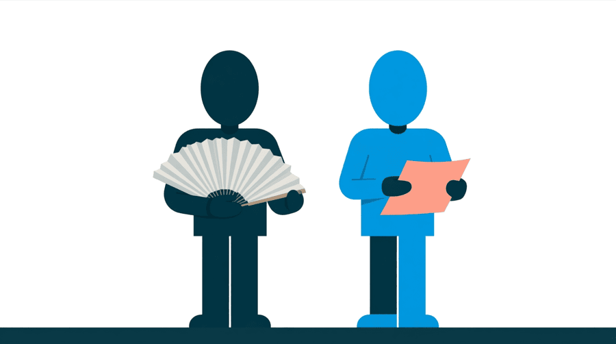 Illustration: two figures standing on flat ground, one holding a wide fan of paper sheets and the other holding one sheet