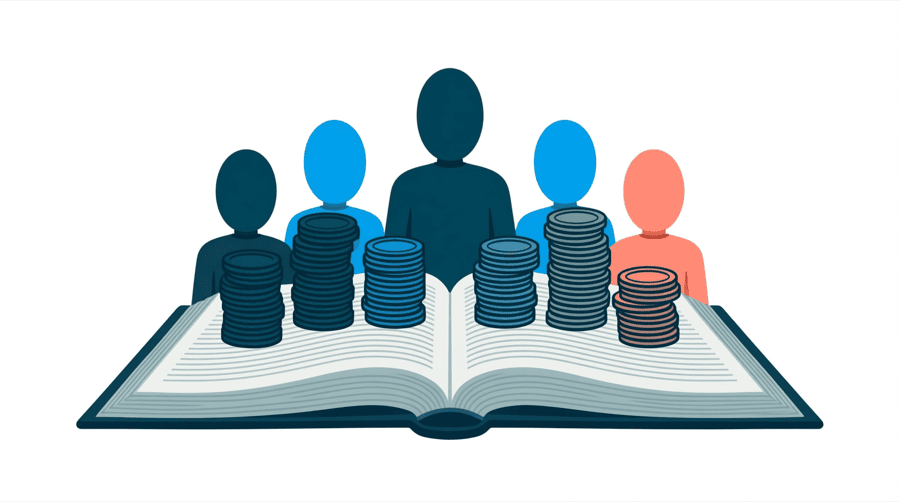 Illustration: a wide open ledger book with rows of coin shapes stacked in columns across the page