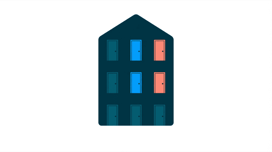 Illustration: one tall house shape with many labelled doors set into its front wall