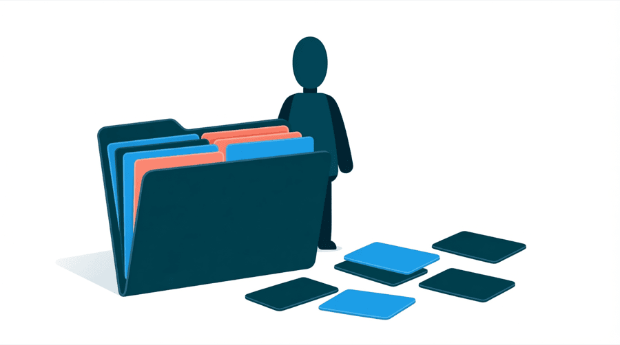 Illustration: one large folder holding many smaller labelled cards, standing beside a row of separate scattered cards