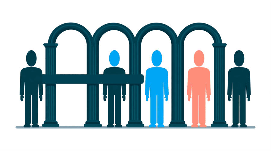Illustration: a row of six upright gates standing in a line with a narrow path running through them