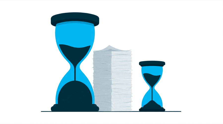 Illustration: a very large hourglass and a very small hourglass with a tall stack of paper sheets standing between them