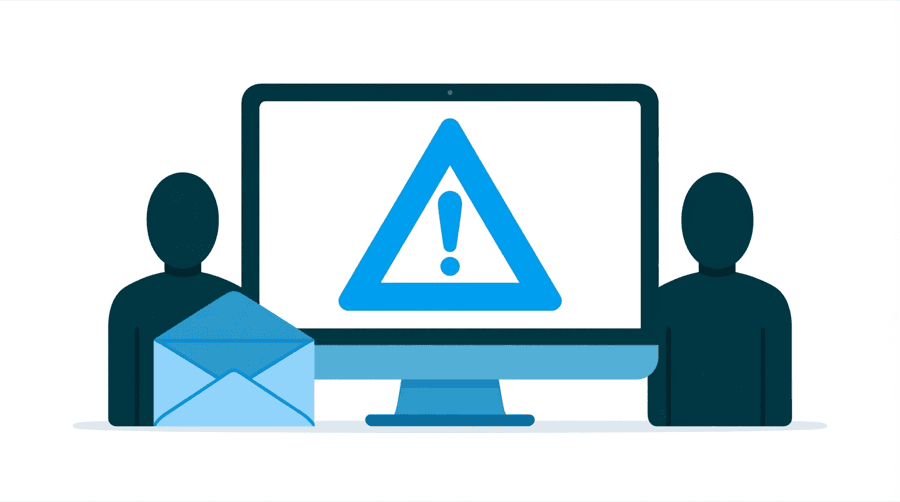 Illustration: an envelope opening beside a computer screen showing a single large warning triangle