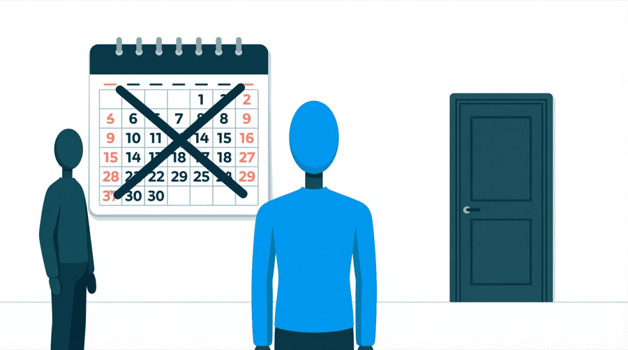 Illustration: a wall calendar with several weeks crossed through and a closed door drawn beside it