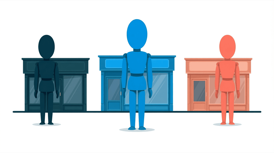 Illustration: three separate shopfronts standing well apart, each with its own doorway and its own signboard
