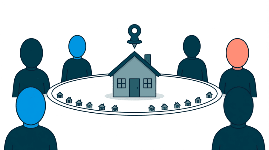 Illustration: a small house with one map pin above it, inside a wide circle drawn on the ground that encloses several smaller houses