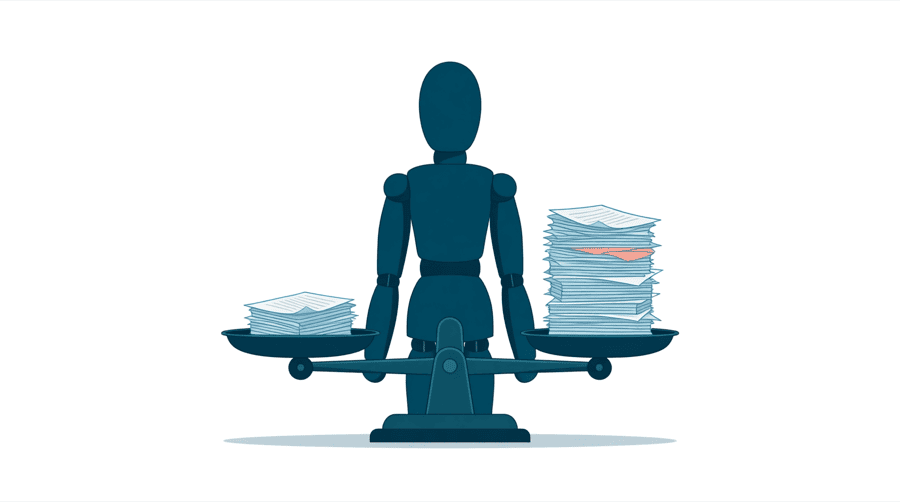 Illustration: a set of balance scales with a small stack of pages on one side and a tall stack on the other