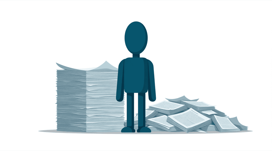 Illustration: a tall stack of paper sheets with almost half of the stack swept off to one side
