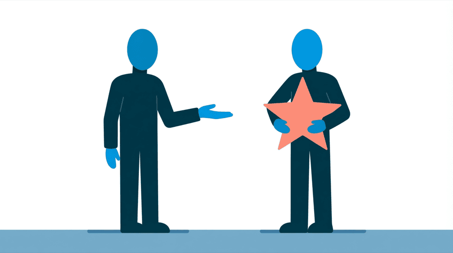 Illustration: one figure holding out an open hand toward a second figure who holds a large star