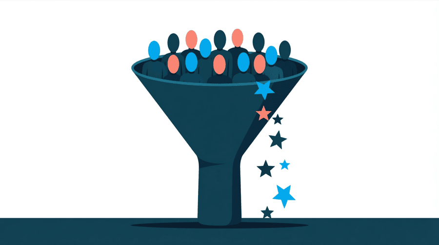 Illustration: a funnel with a crowd of figures packed into the wide top and a line of stars falling out of the spout