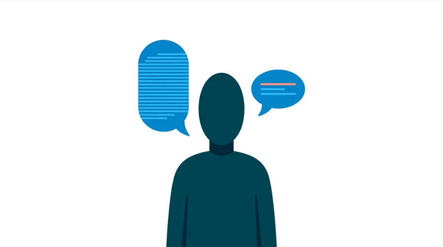 Illustration: a figure between two speech bubbles, a tall one crowded with lines and a small one holding two lines