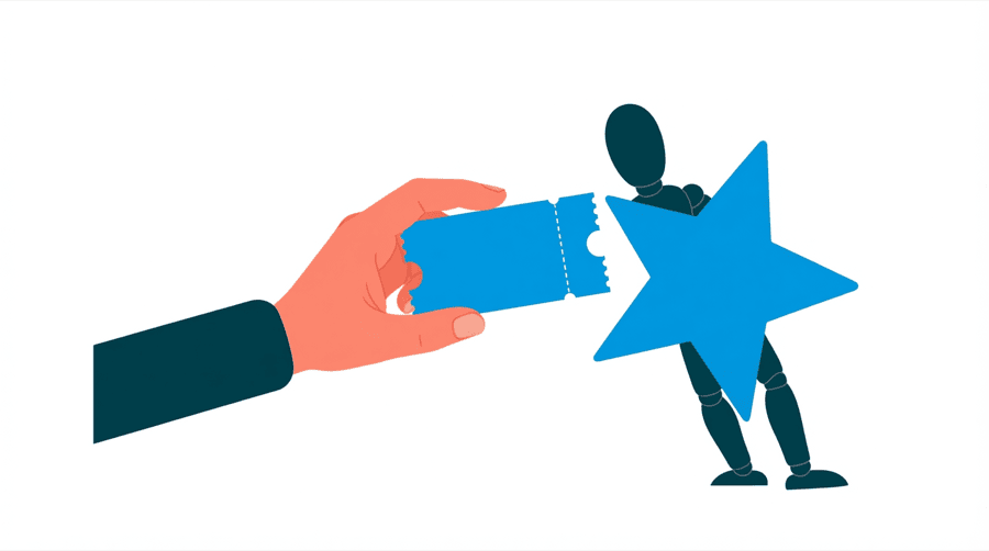 Illustration: a hand holding out a coupon toward a large star that is stepping away from it