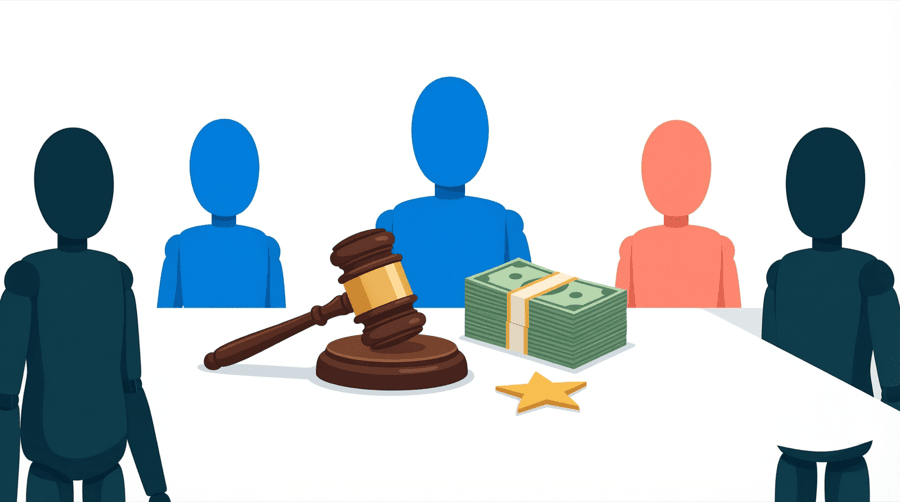 Illustration: a group of figures around a table holding a gavel, a stack of banknotes and a single star