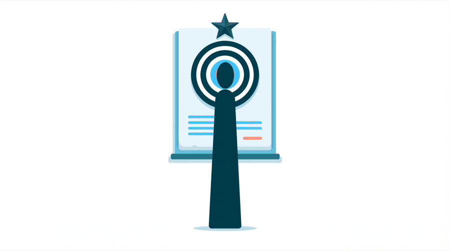 Illustration: a figure in front of a wall chart showing a circled target with a star at the top