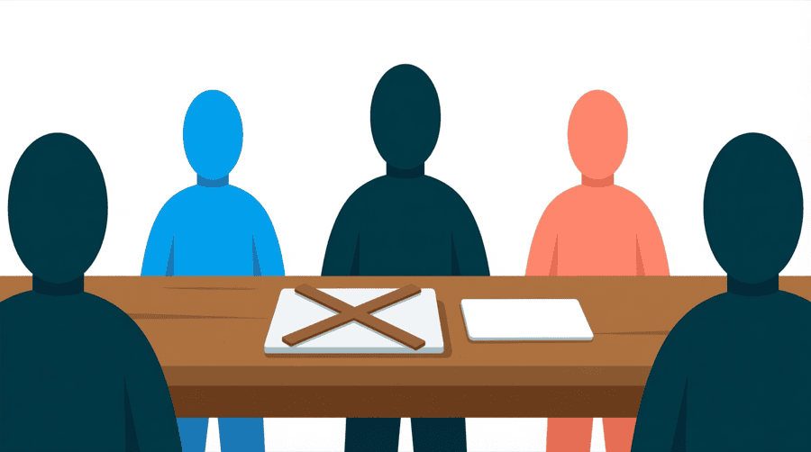 Illustration: figures around a table where one card is crossed out and a second card is left blank