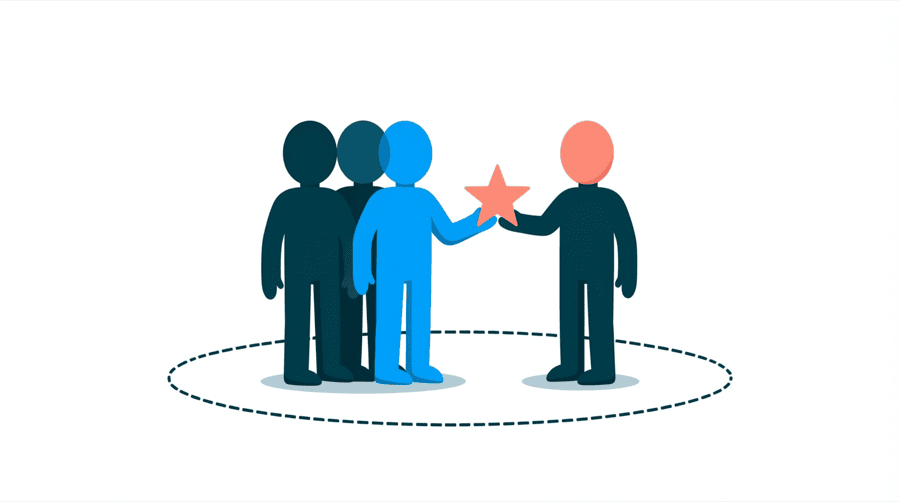 Illustration: a small group of figures standing inside a dashed circle handing a star to a figure outside it