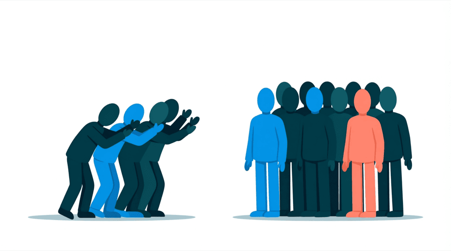 Illustration: two crowds of figures, a small angry crowd stepping forward and a larger calm crowd standing still