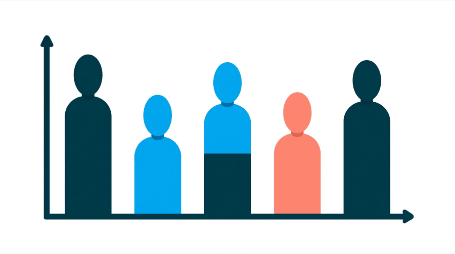 Illustration: a bar chart where figures stand in place of the bars, the tallest at each outer edge
