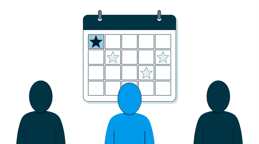 Illustration: two figures beside a calendar showing a dark star on the first square and pale stars on later squares