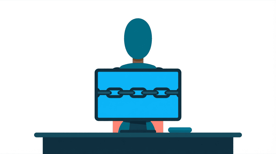 Illustration: a computer monitor on a desk showing a large chain link on its screen, with a figure standing behind it