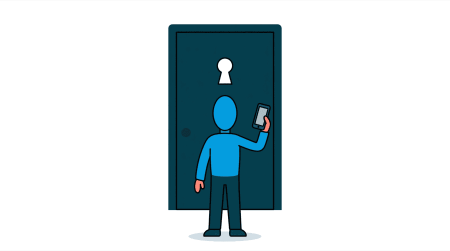 Illustration: a figure standing in front of a tall closed door with a large keyhole, holding a phone