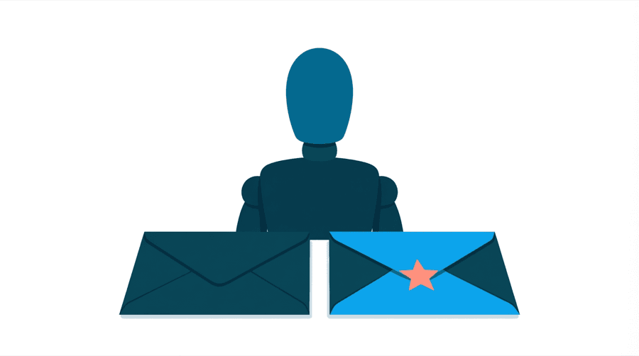 Illustration: a figure standing behind two envelopes lying side by side, the right envelope carrying a star