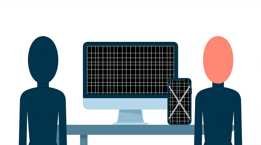 Illustration: two figures beside a desktop computer showing a square grid and a phone showing the same grid crossed out