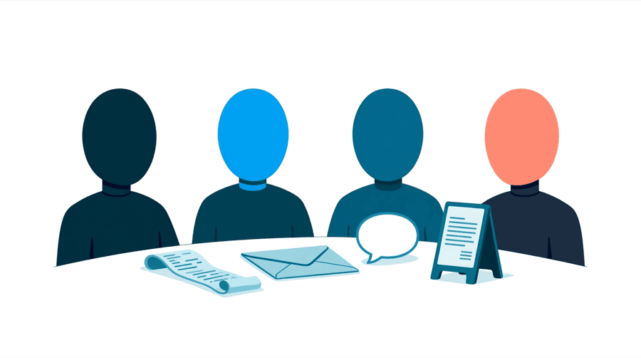 Illustration: four figures at a table holding a paper receipt, an envelope, a speech bubble and a small standing sign