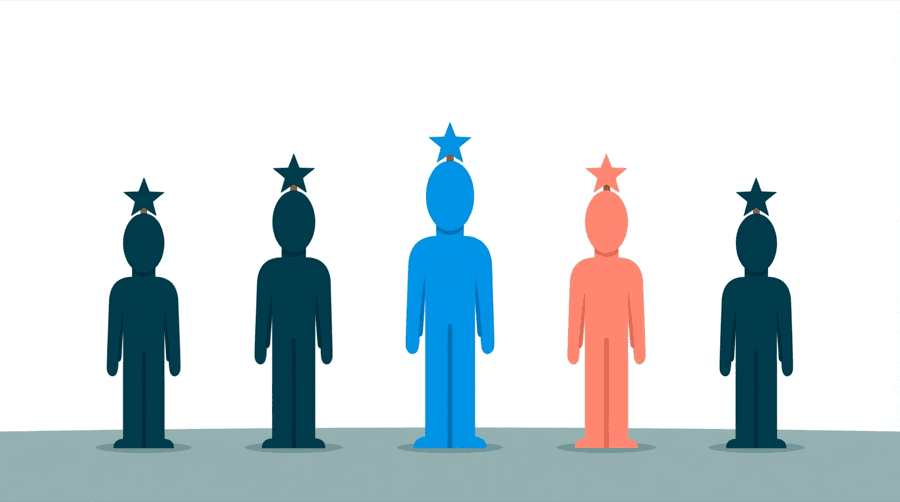 Illustration: five figures standing in a row on flat ground, each with a small star floating above their head