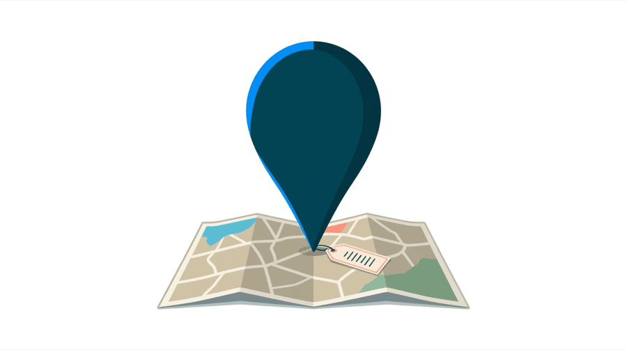 Illustration: a large map pin standing upright on an open folded paper map