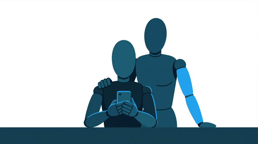 Illustration: one figure leaning over a seated figure who is holding a phone at a shop counter