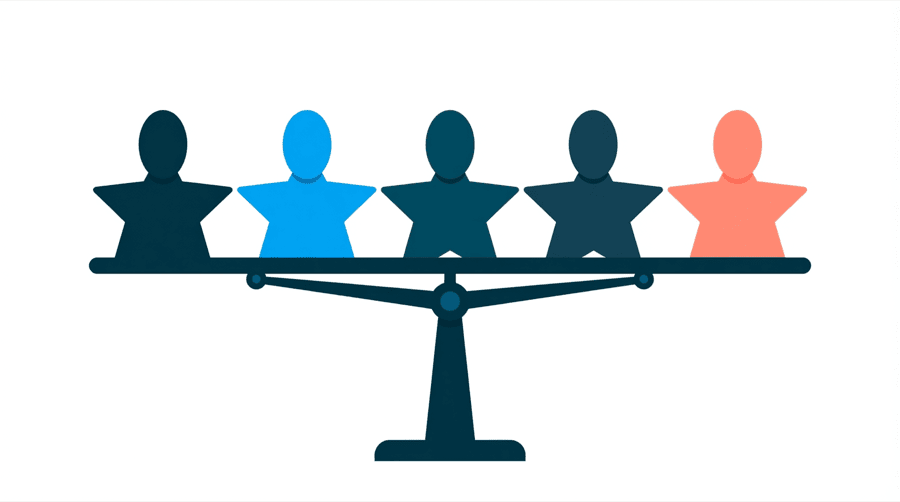 Illustration: five figures with star shaped bodies standing in a row on a level balance beam