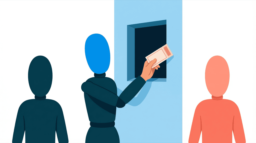 Illustration: a single ticket being handed through a small window in a wall