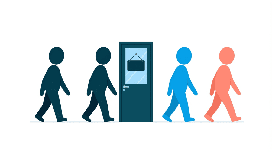 Illustration: a shop sign reading closed hanging on a door while a queue of figures walks past it