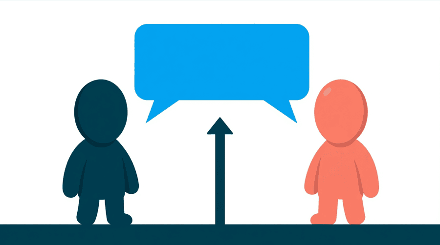 Illustration: two figures facing each other with a speech bubble above them and an arrow pointing upward between them