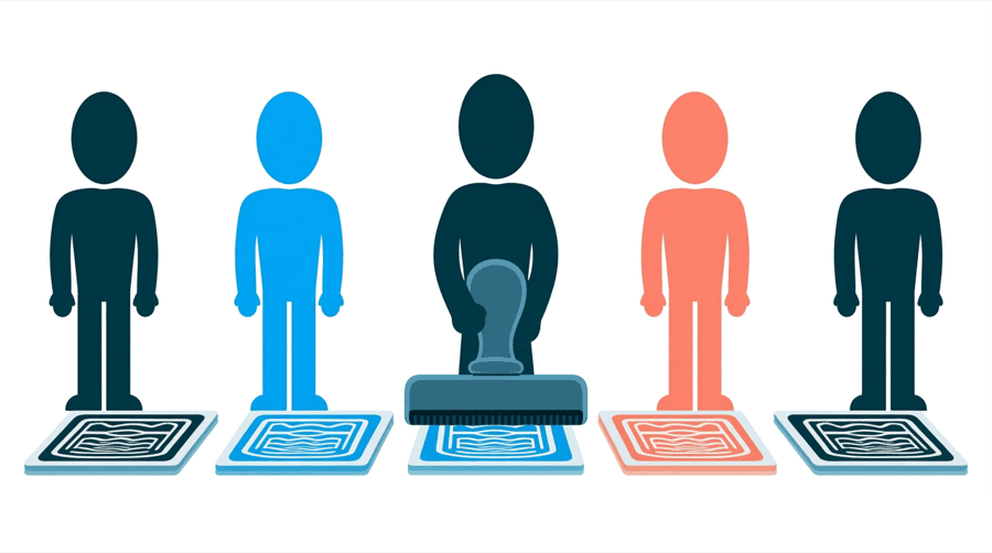 Illustration: a rubber stamp pressing the same mark onto a row of identical cards