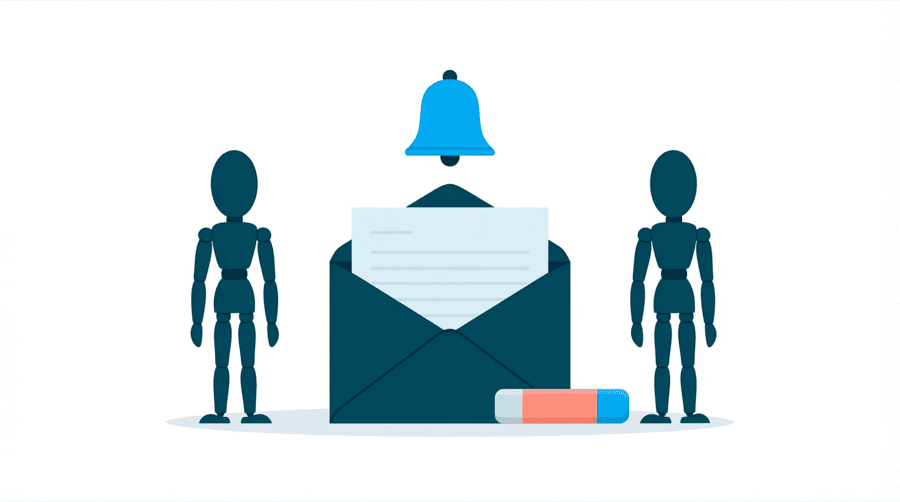 Illustration: an envelope with a small bell above it beside a page being rewritten with an eraser