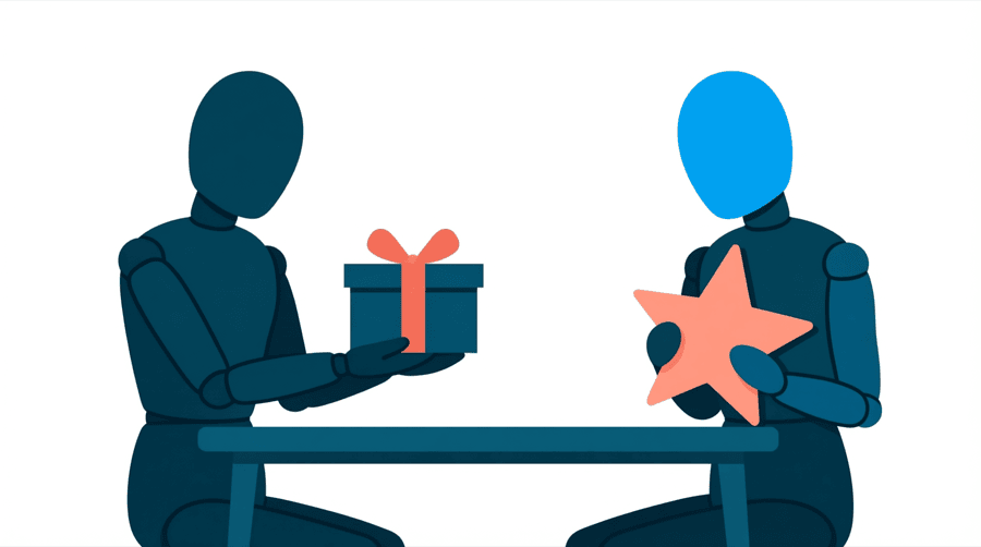 Illustration: two figures at a table, one holding out a gift box and the other holding a large star