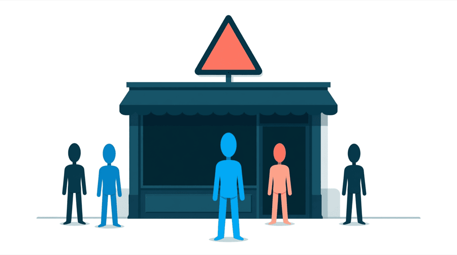 Illustration: a shopfront with a large warning triangle sign fixed above its window