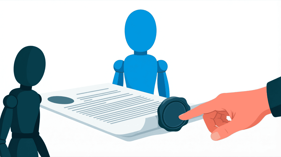 Illustration: a legal document with a heavy seal on it lying beside a pointing hand