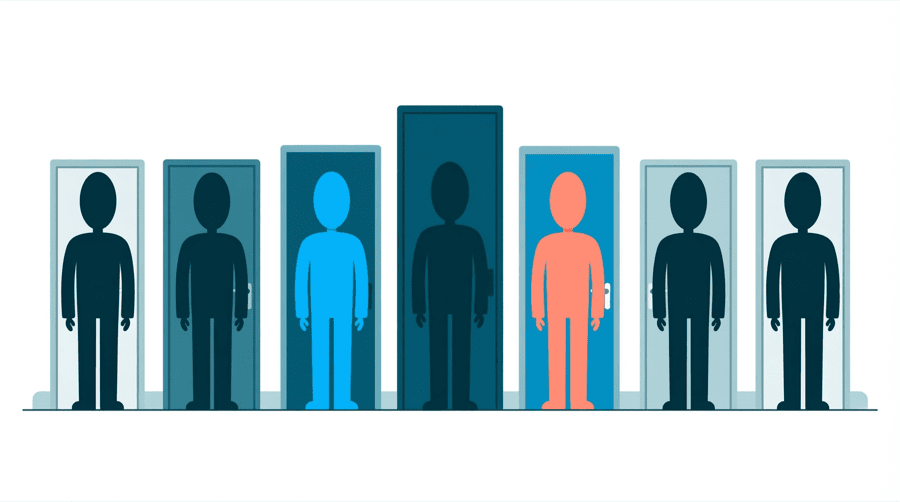Illustration: seven doors of different sizes standing side by side in a row