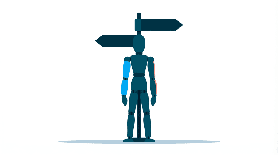 Illustration: a figure standing at a signpost whose arms point in different directions