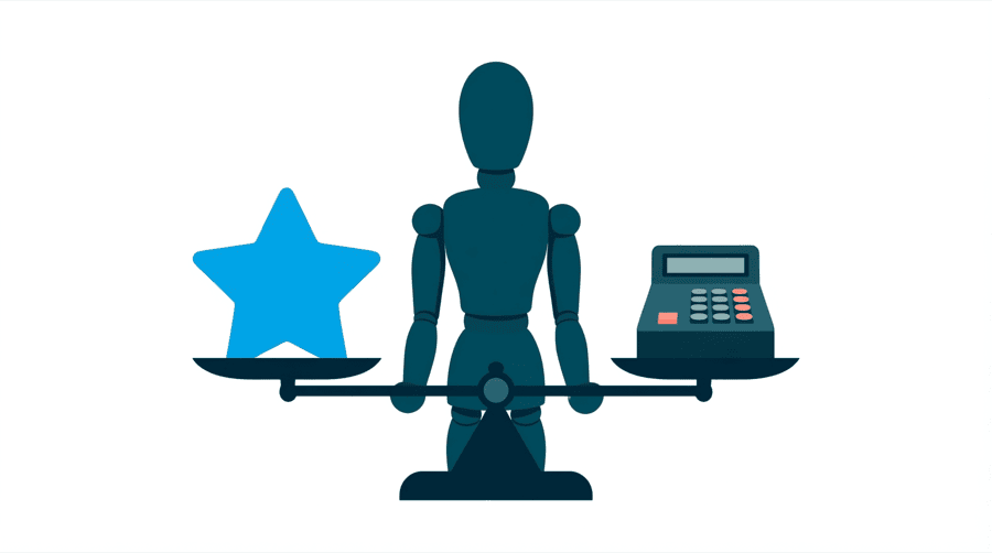 Illustration: a single star on one side of a balance and a cash register on the other side