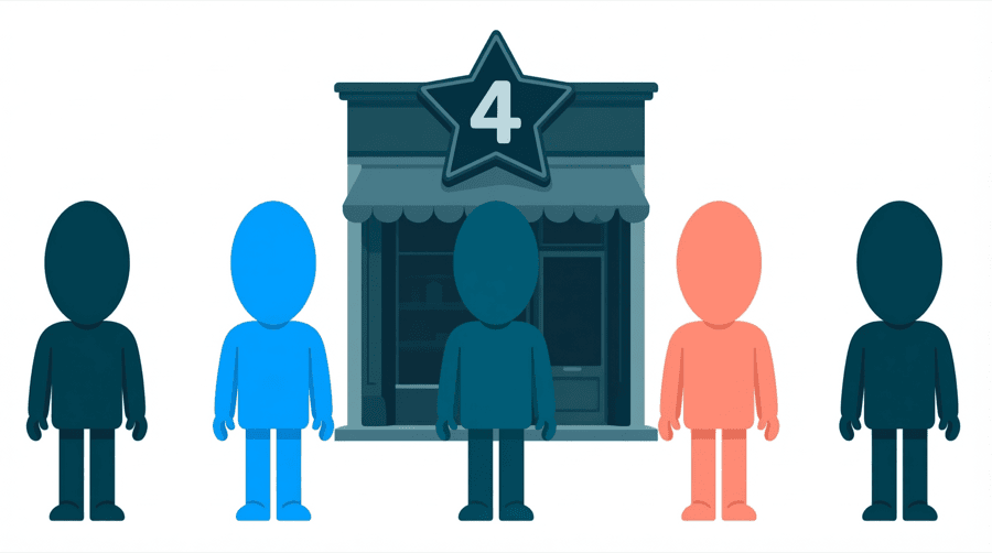 Illustration: a shopfront doorway with a large number four on a star-shaped sign hanging above it